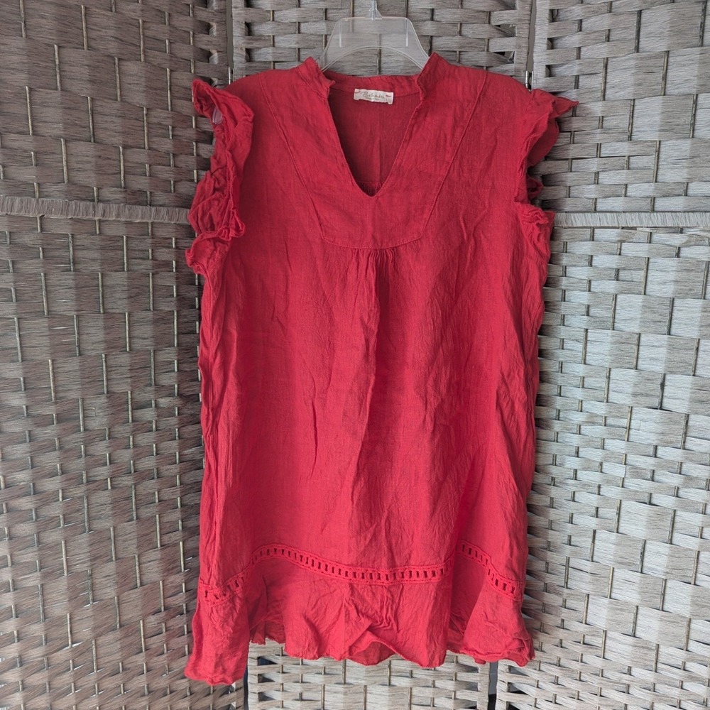 Bellambra Mini Shift Dress Red Linen Flutter Sleeve Ladder Stitch Sz L Italy
